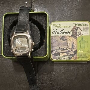 Fossil Silver and Black Leather Watch